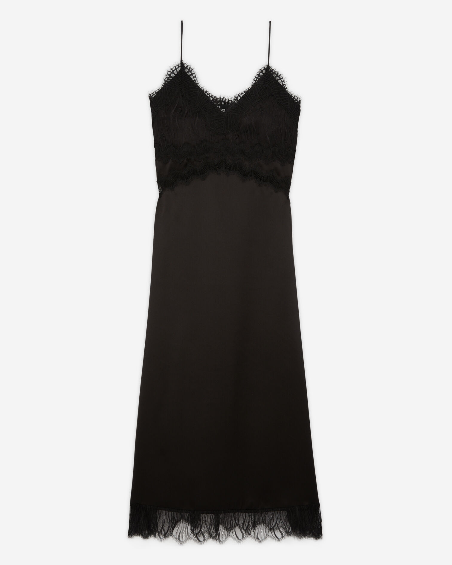 Long black silk slip dress with lace details, BLACK, hi-res image number null