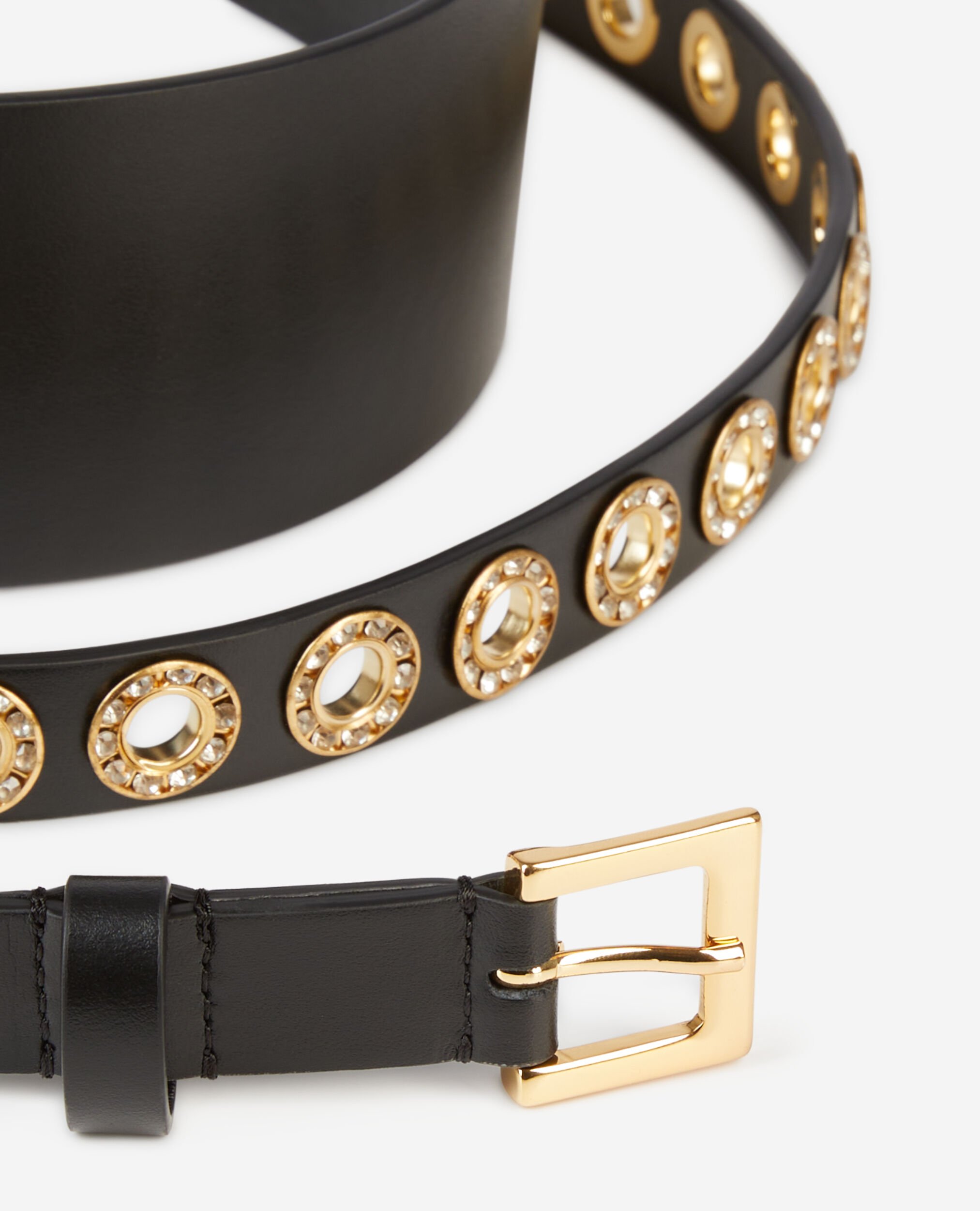 Ceinture large en cuir noir avec œillets et strass, BLACK, hi-res image number null