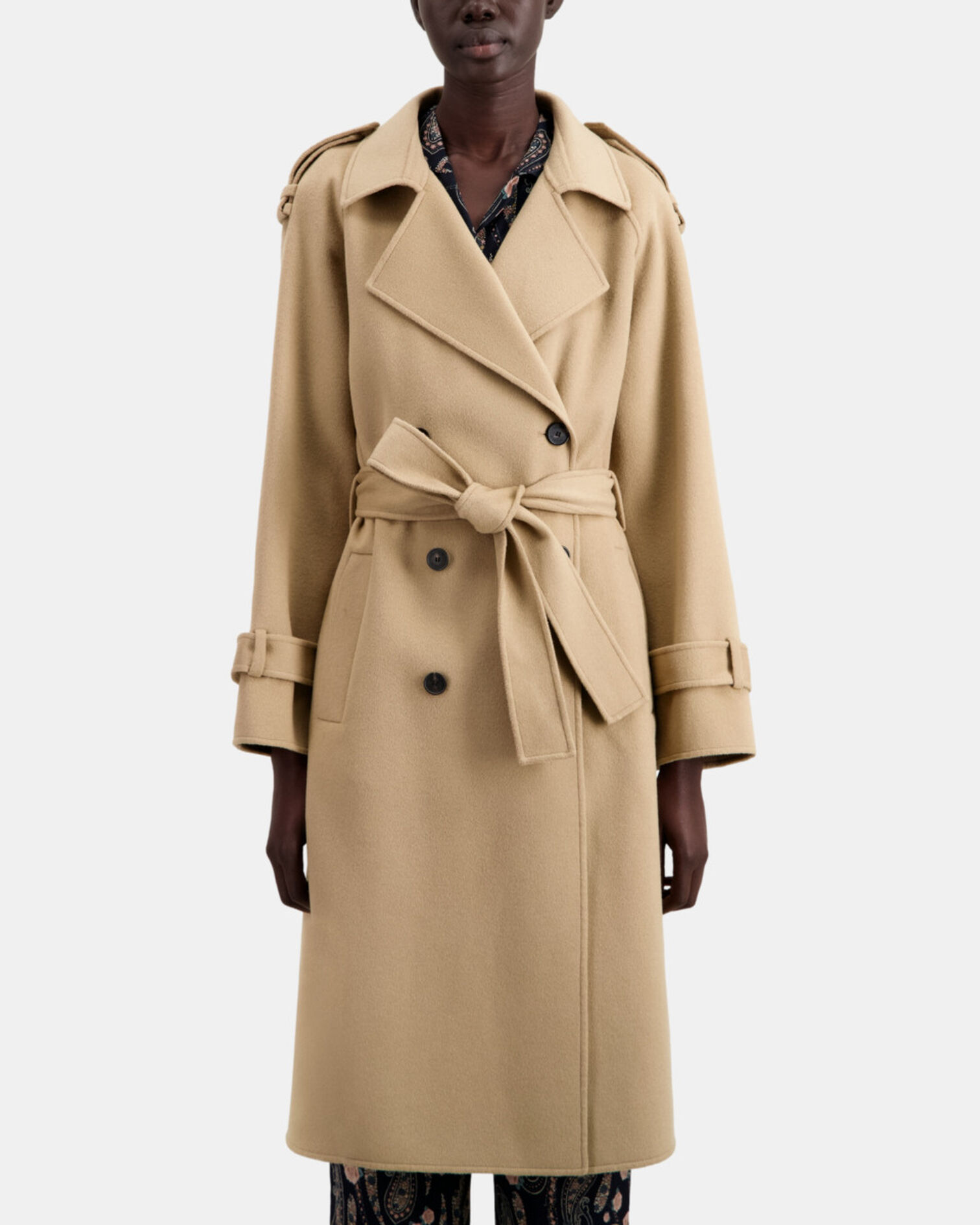 Manteau long beige en mélange de laine, CAMEL, hi-res image number null