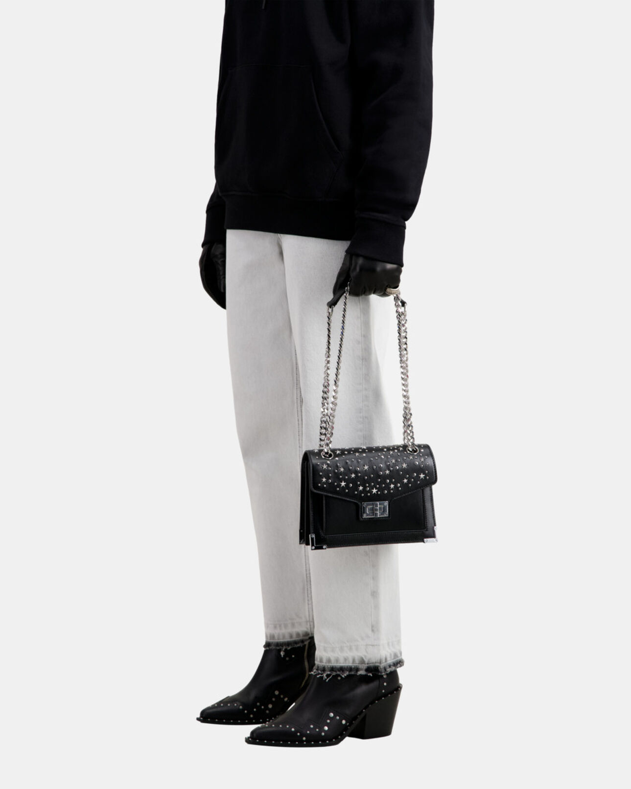 The Kooples FEMME BLACK sac emily chaîne en cuir noir avec étoiles