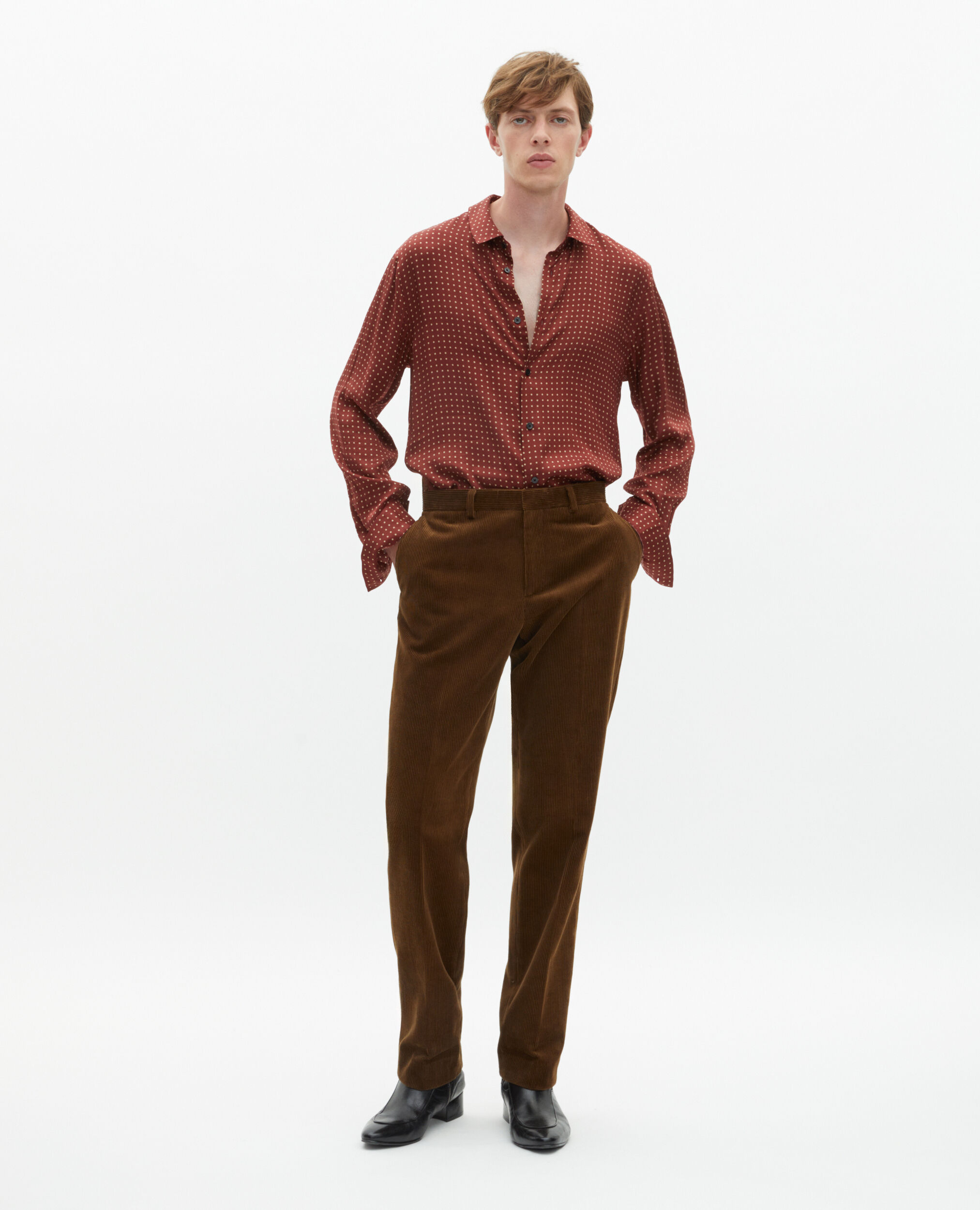 Pantalon de costume ajusté en velours côtelé marron, CARAMEL, hi-res image number null