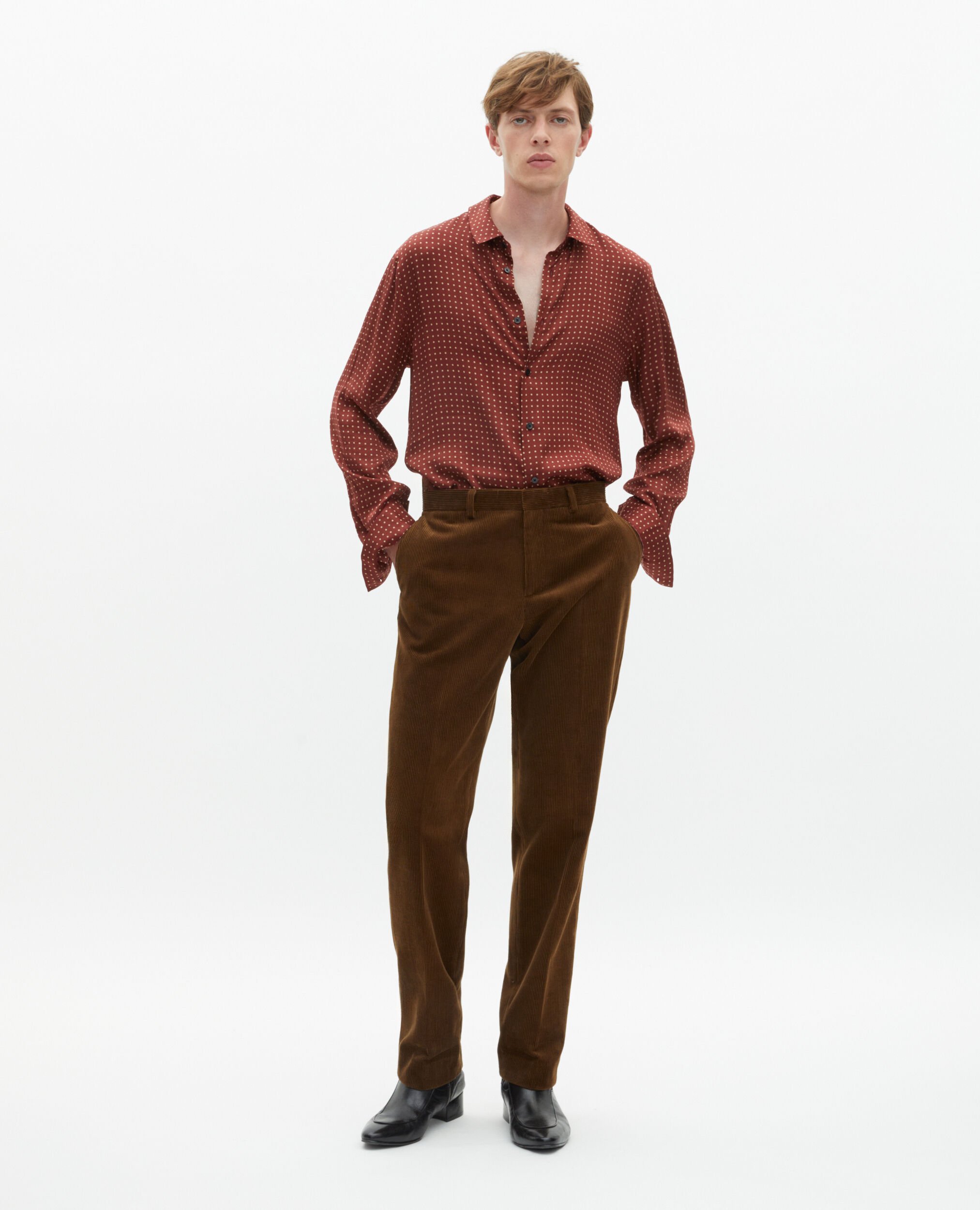 Pantalon de costume ajusté en velours côtelé marron, CARAMEL, hi-res image number null