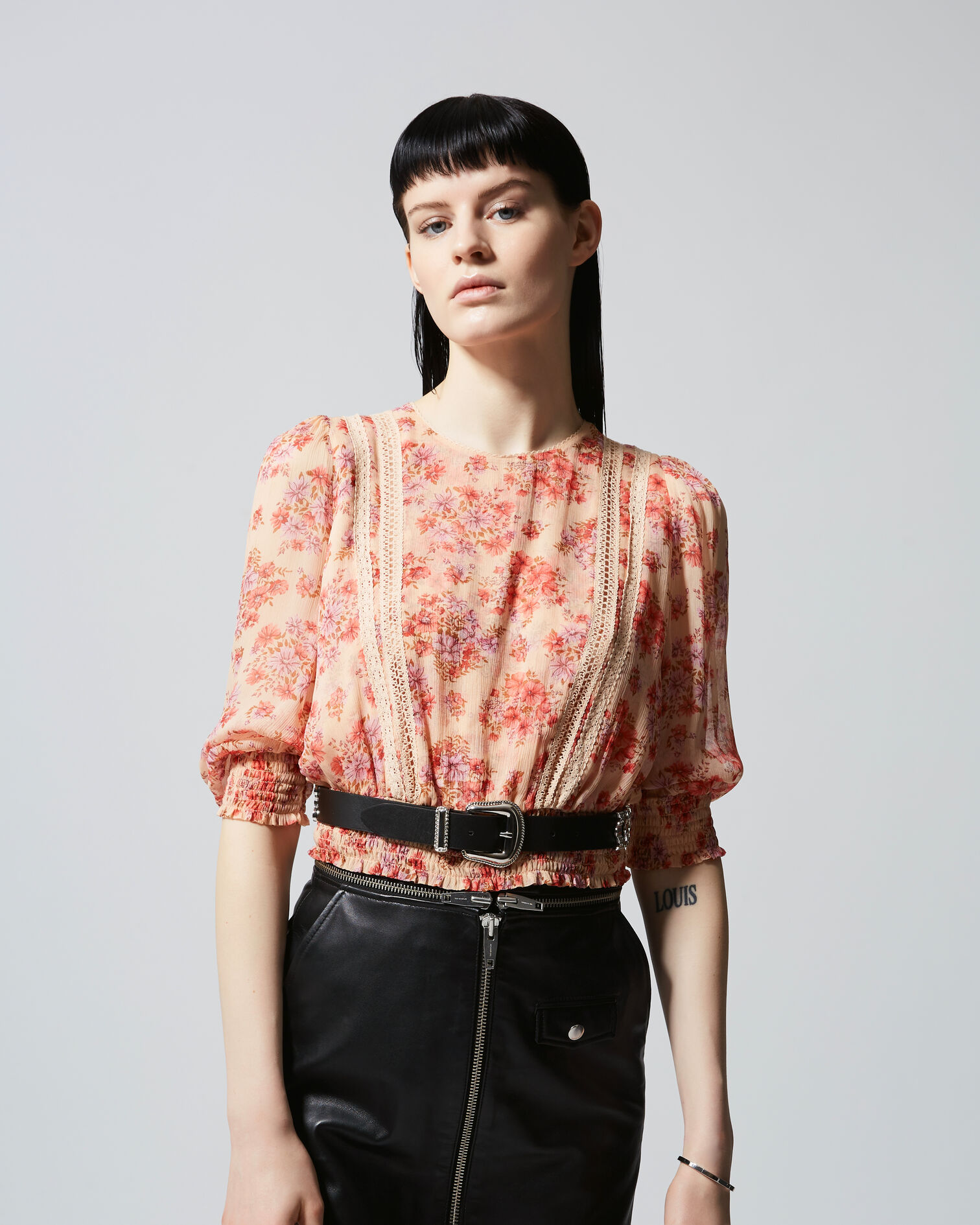 Floral printed pink top with lace detail, LIGHT PINK, hi-res image number null