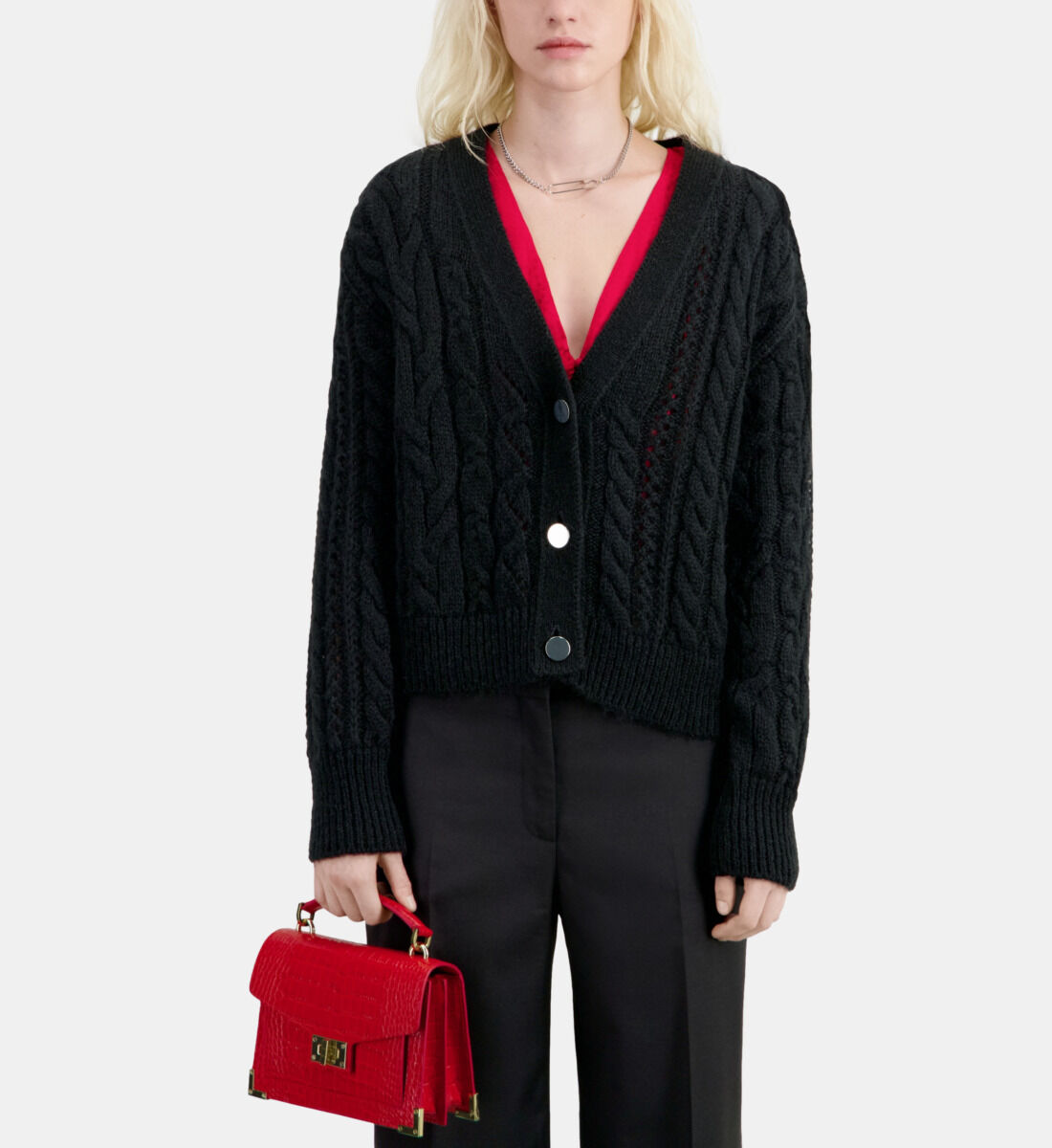 Black cable-knit wool-blend cardigan