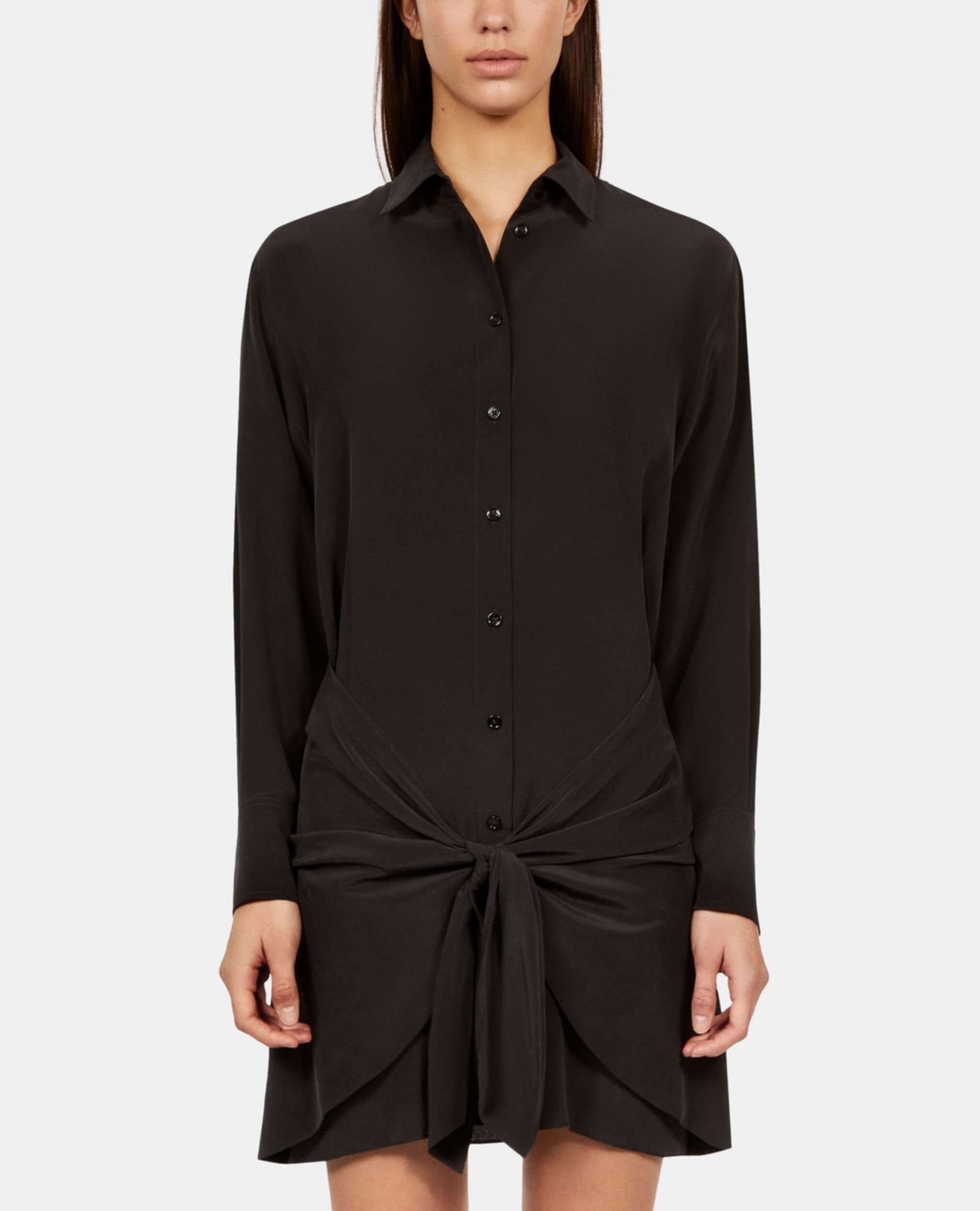Robe chemise courte en soie avec nœud noire, BLACK, hi-res image number null