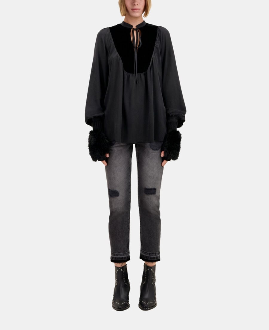 The Kooples WOMEN BLACK black silk top with velvet details