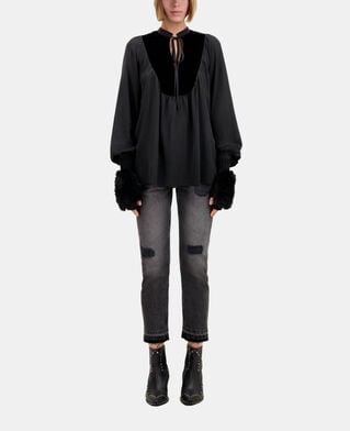 The Kooples WOMEN BLACK black silk top with velvet details