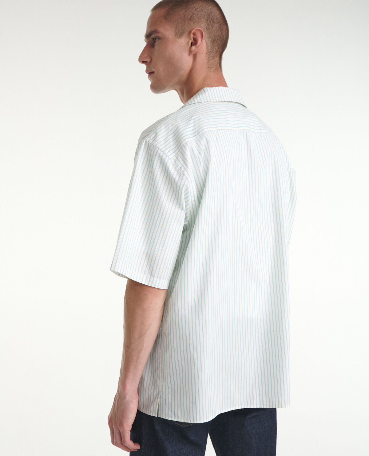 Ecru and blue striped Hawaiian-collar shirt