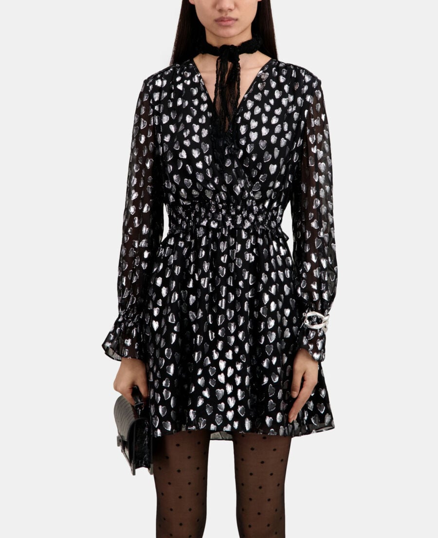 The Kooples FEMME BLACK SILVER robe courte avec cœurs argentés noire