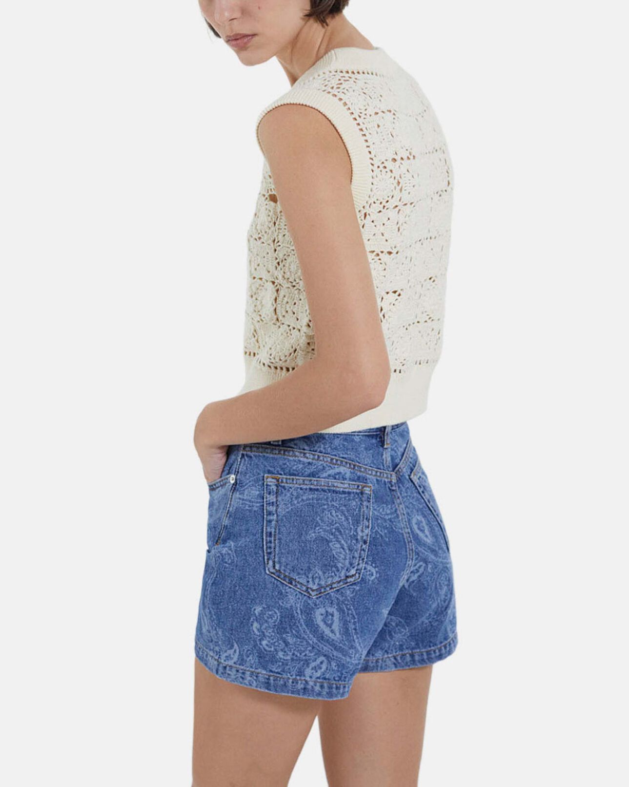 The Kooples FEMME ECRU pull coton écru sans manches effet crochet