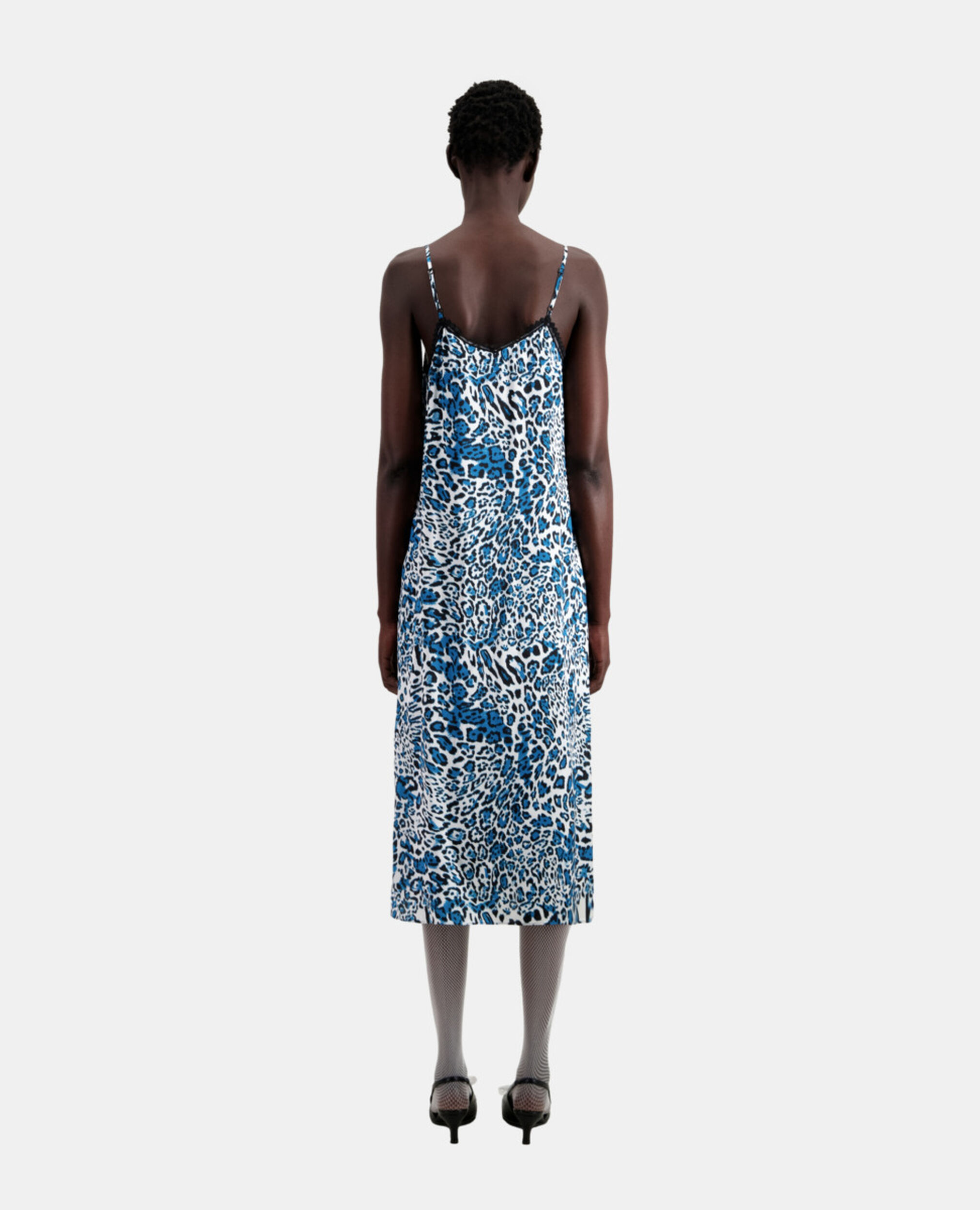 Long printed silk slip dress with lace details, BLUE WHITE, hi-res image number null