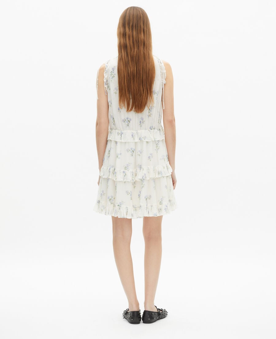 The Kooples WOMEN WHITE / SKY BLUE white floral print short dress with ruffles