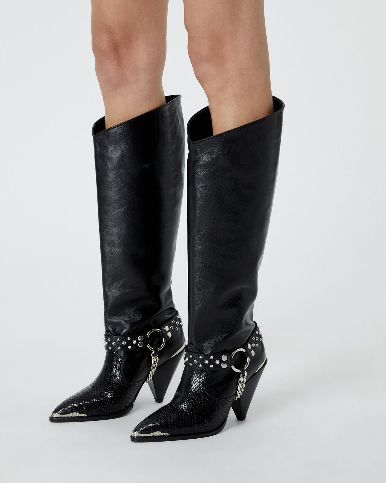 The Kooples MUJER BLACK botas negras tacón piel pedrería amovible