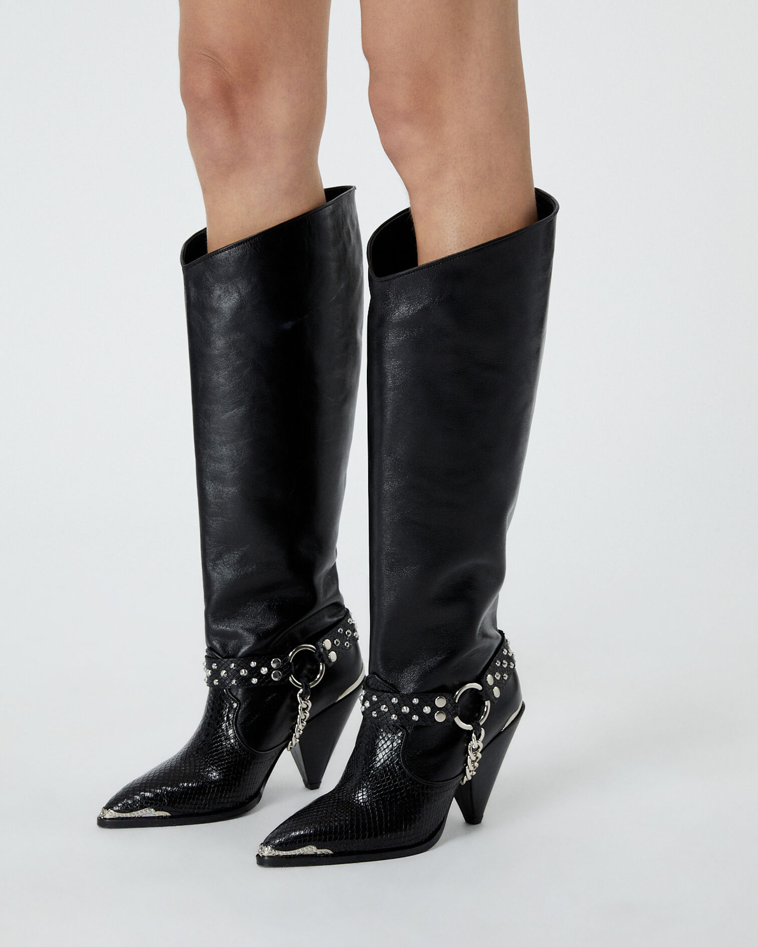 Botas negras tacón piel pedrería amovible, BLACK, hi-res image number null
