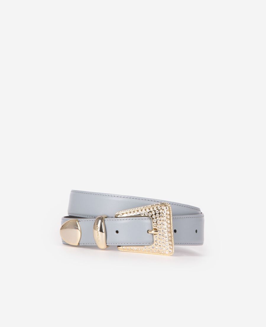 The Kooples F LIGHT BLUE blue leather western buckle belt in gold with rhinestones