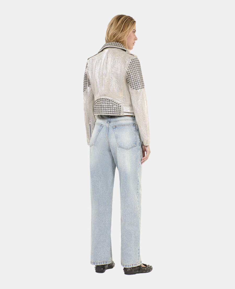The Kooples FEMME 52 ARGENT VIEILLI CORNE blouson clouté en cuir argenté