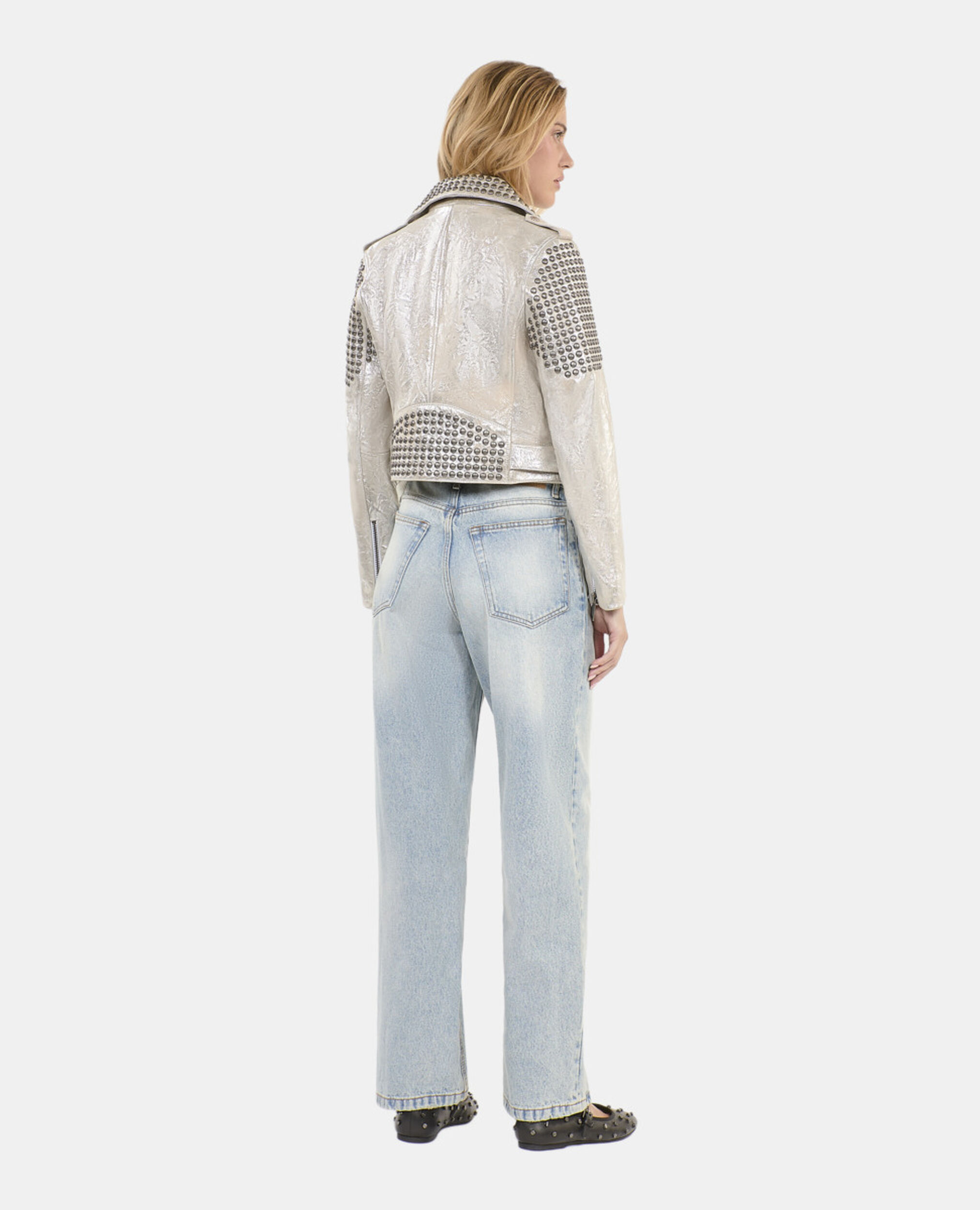 Blouson clouté en cuir argenté, 52 ARGENT VIEILLI CORNE, hi-res image number null