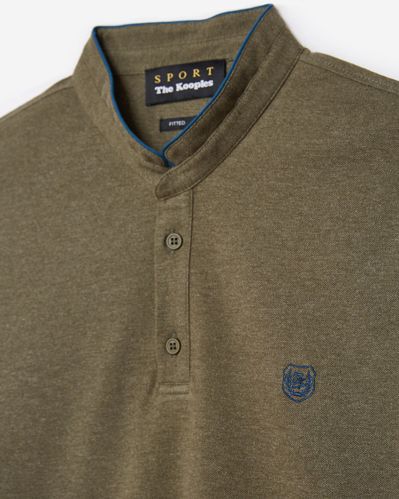 The Kooples MEN LIGHT KAKI CHINE/PETROL khaki cotton polo shirt with band collar and blue details