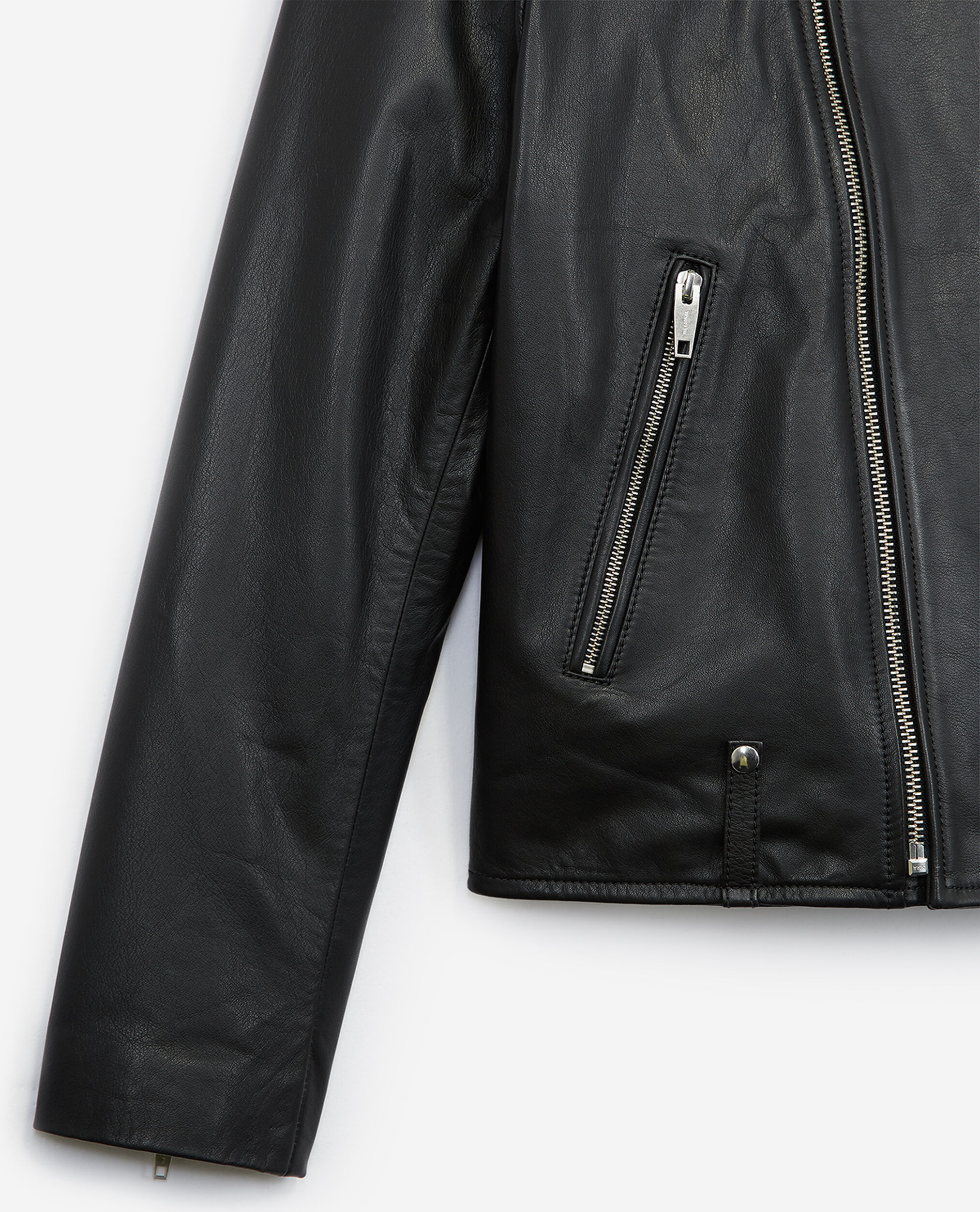 Black leather biker jacket with biker collar, BLACK, hi-res image number null