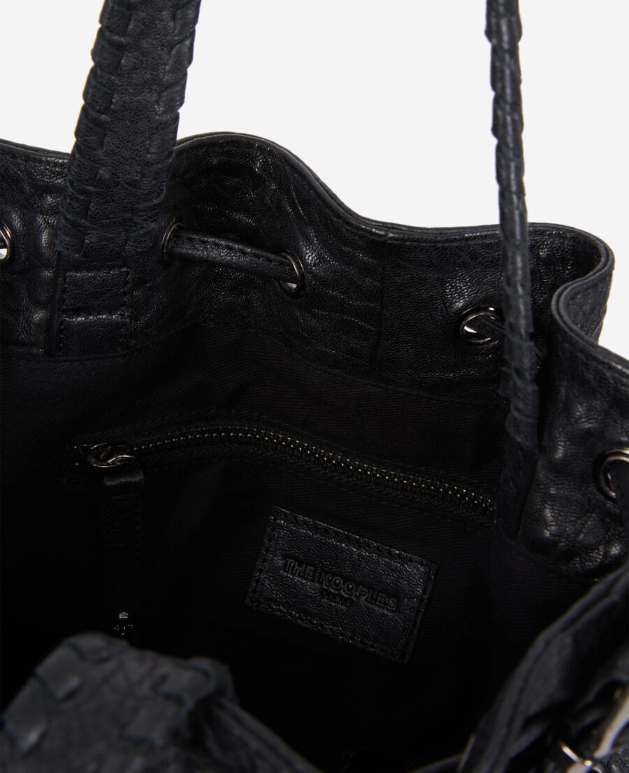 heritage black leather bucket bag with lacing