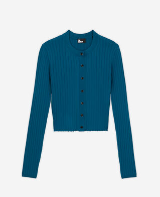 The Kooples DAMEN MEDIUM BLUE kurzer, blauer cardigan mit gerippter textur
