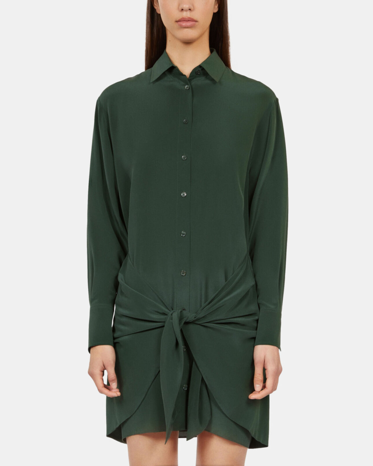 The Kooples FEMME WOOD KAKI robe chemise courte en soie avec nœud verte