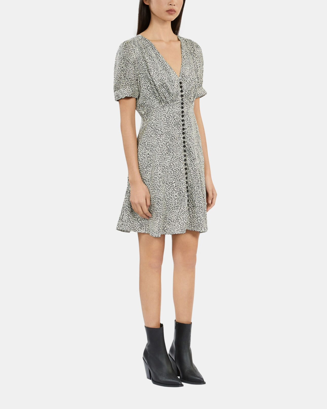The Kooples WOMEN BLACK WHITE ivory and black leopard print short dress with buttons