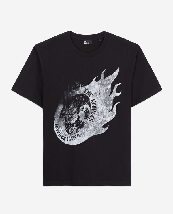 men's black t-shirt with flaming wheel serigraphy