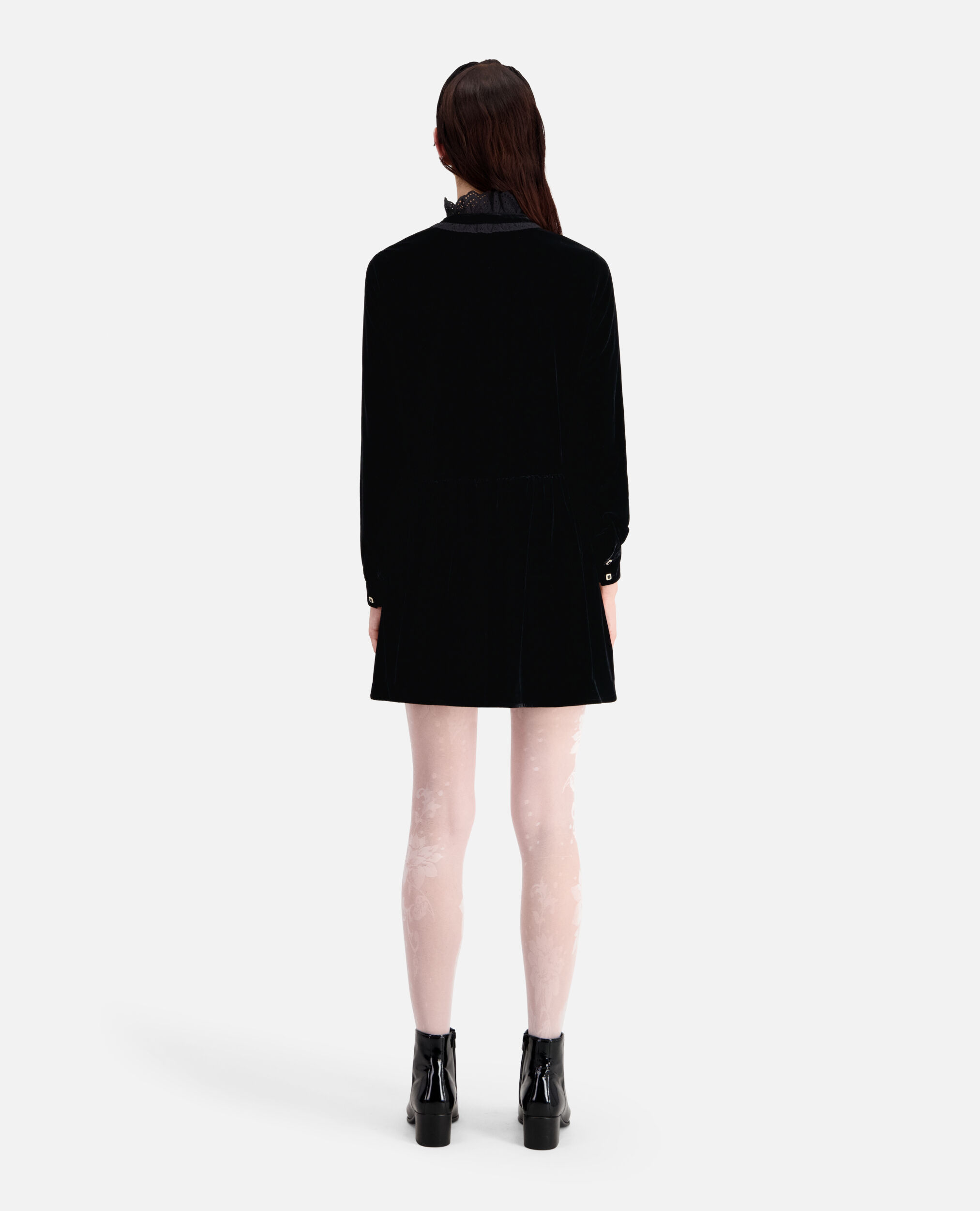 Short black velvet dress with bijou buttons, BLACK, hi-res image number null