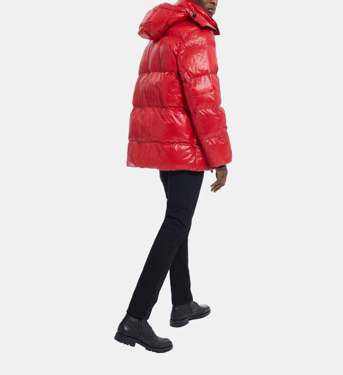 Red down jacket with cheap fur hood