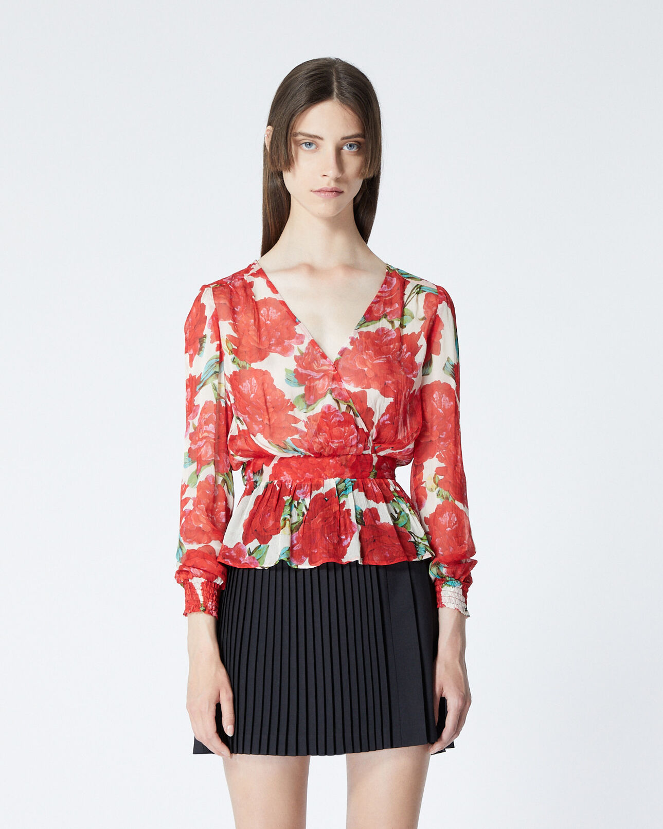 The Kooples FEMME ECRU RED top cache-cœur imprimé fleurs rouges
