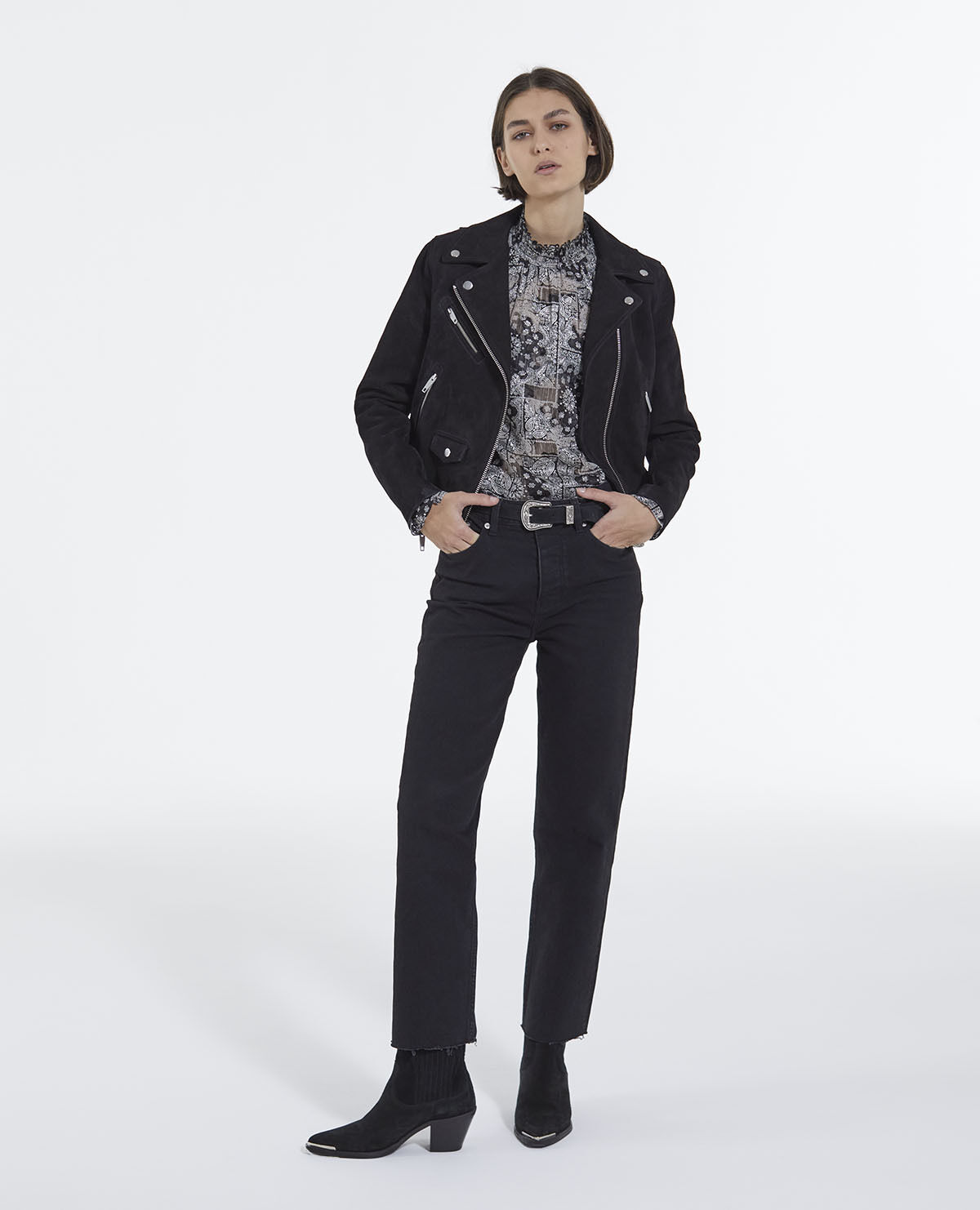 Suede leather zipped noir biker jacket