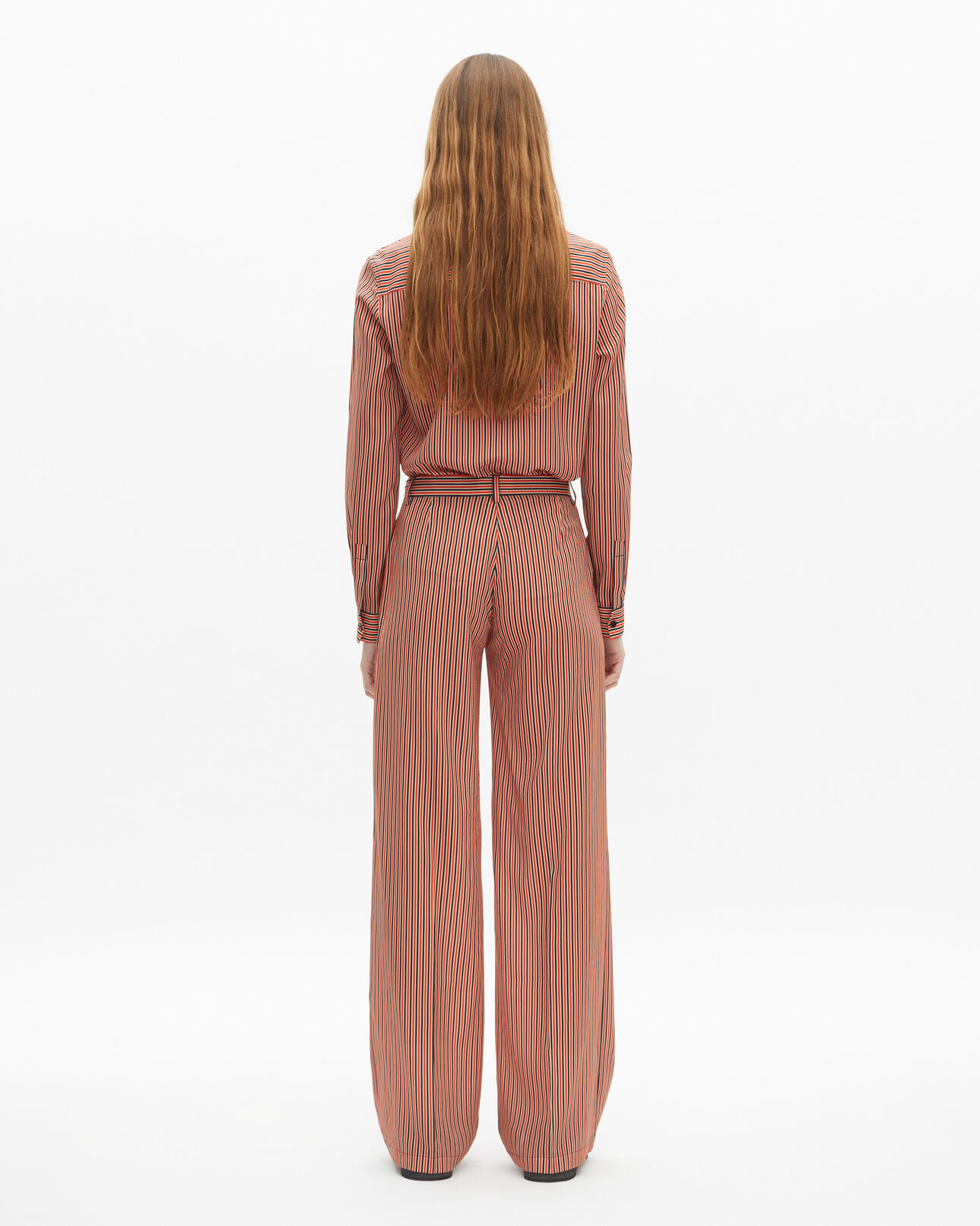 The Kooples FEMME DARK NAVY / FIRE RED pantalon large à rayures rouge et bleu