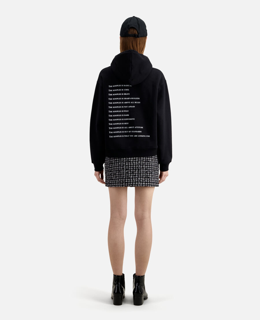 black sweatshirt with what is screen print