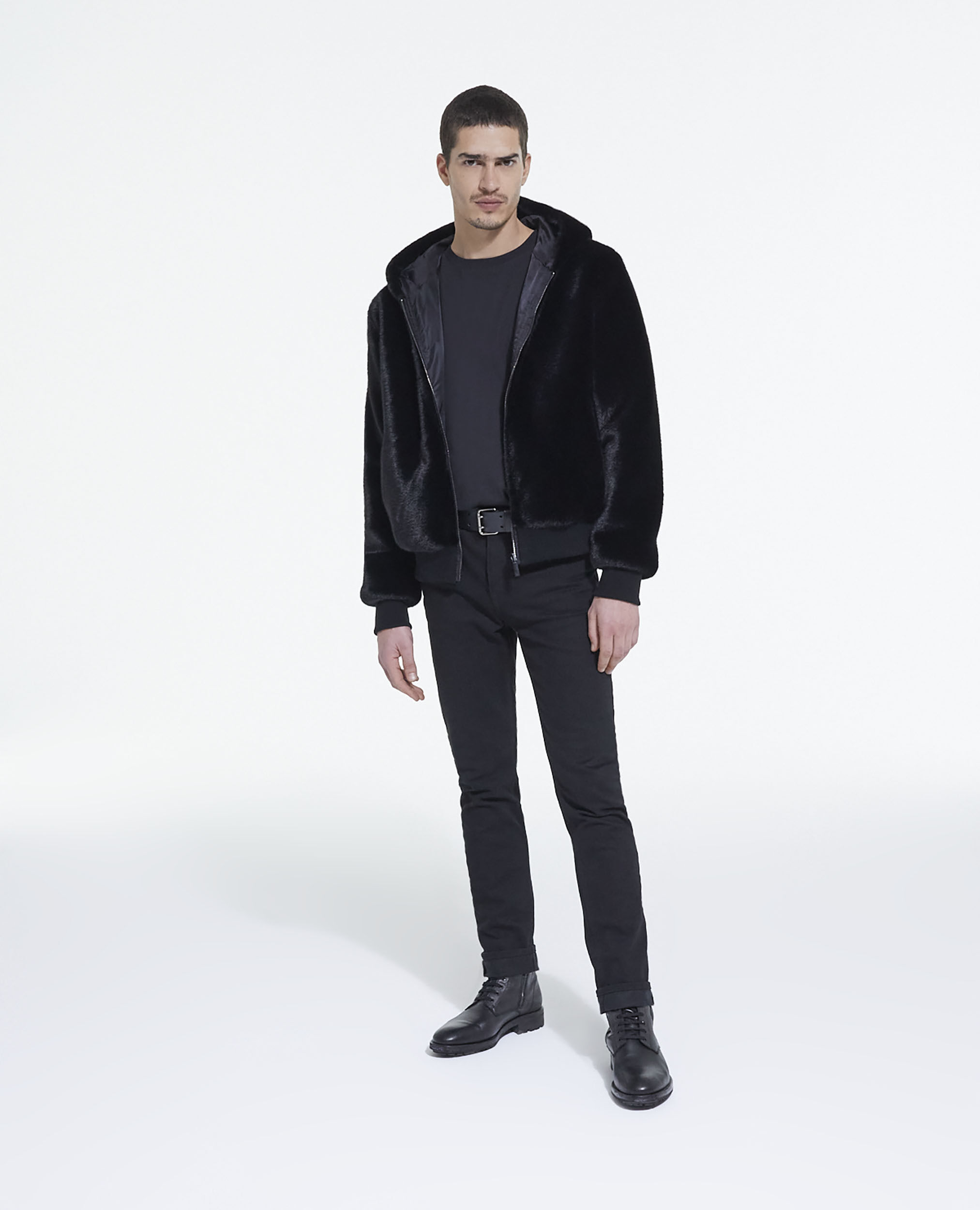 Faux fur coat with gray hood The Kooples US