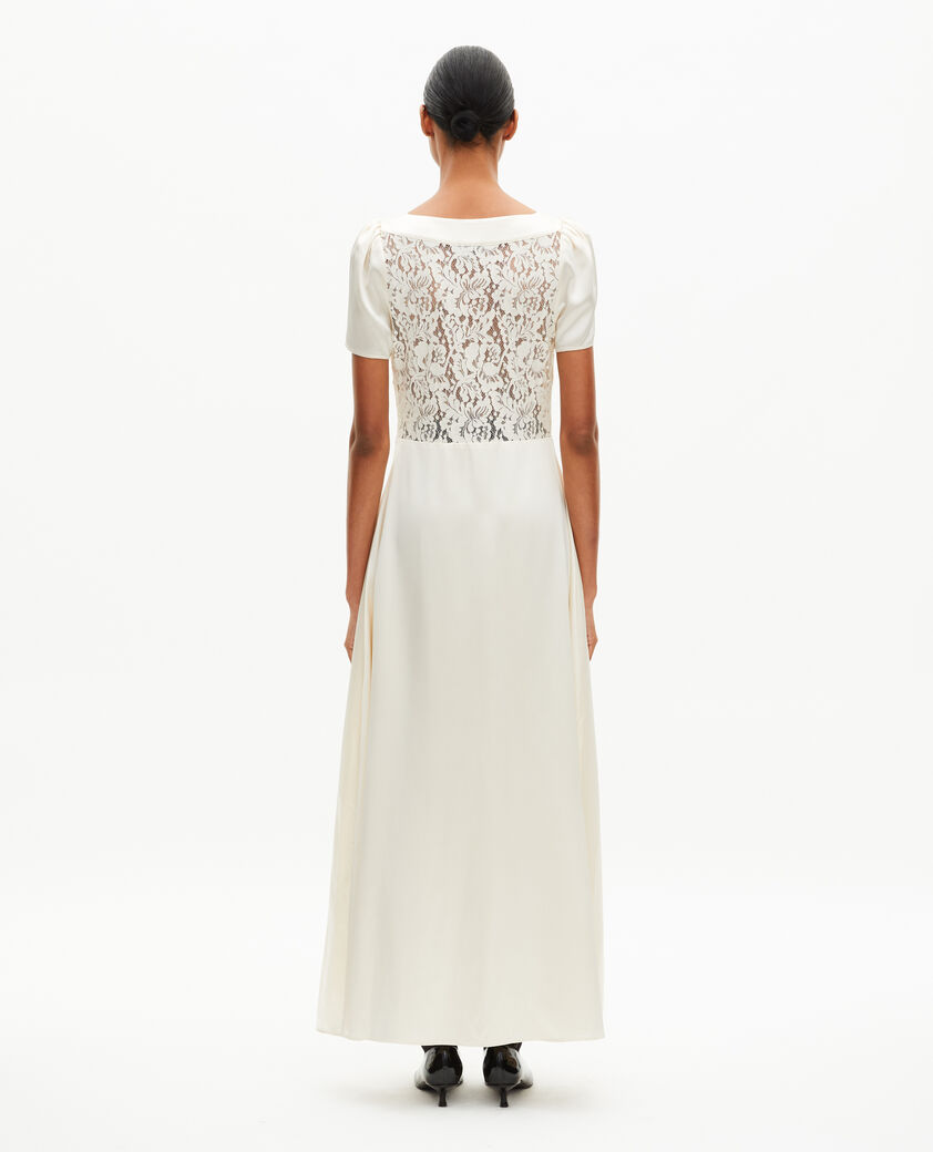 The Kooples WOMEN LIGHT BEIGE long silk dress with ecru lace