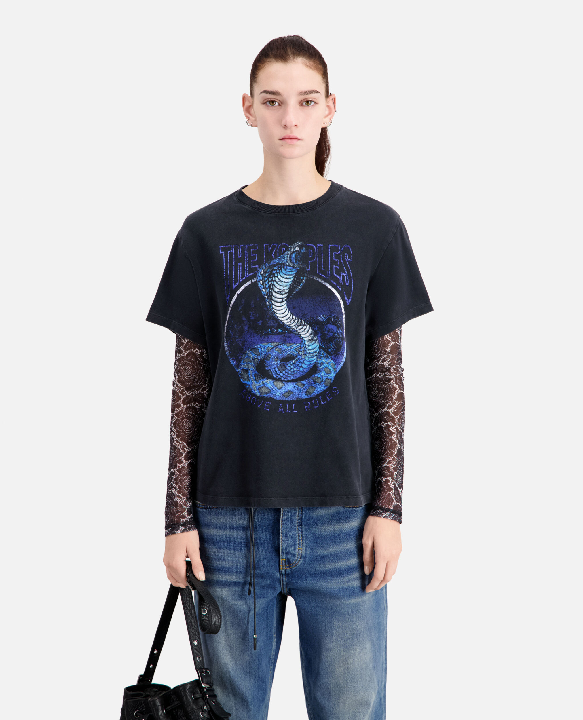 Schwarzes T-Shirt Damen mit „Cobra“-Siebdruck, BLACK BLUE, hi-res image number null