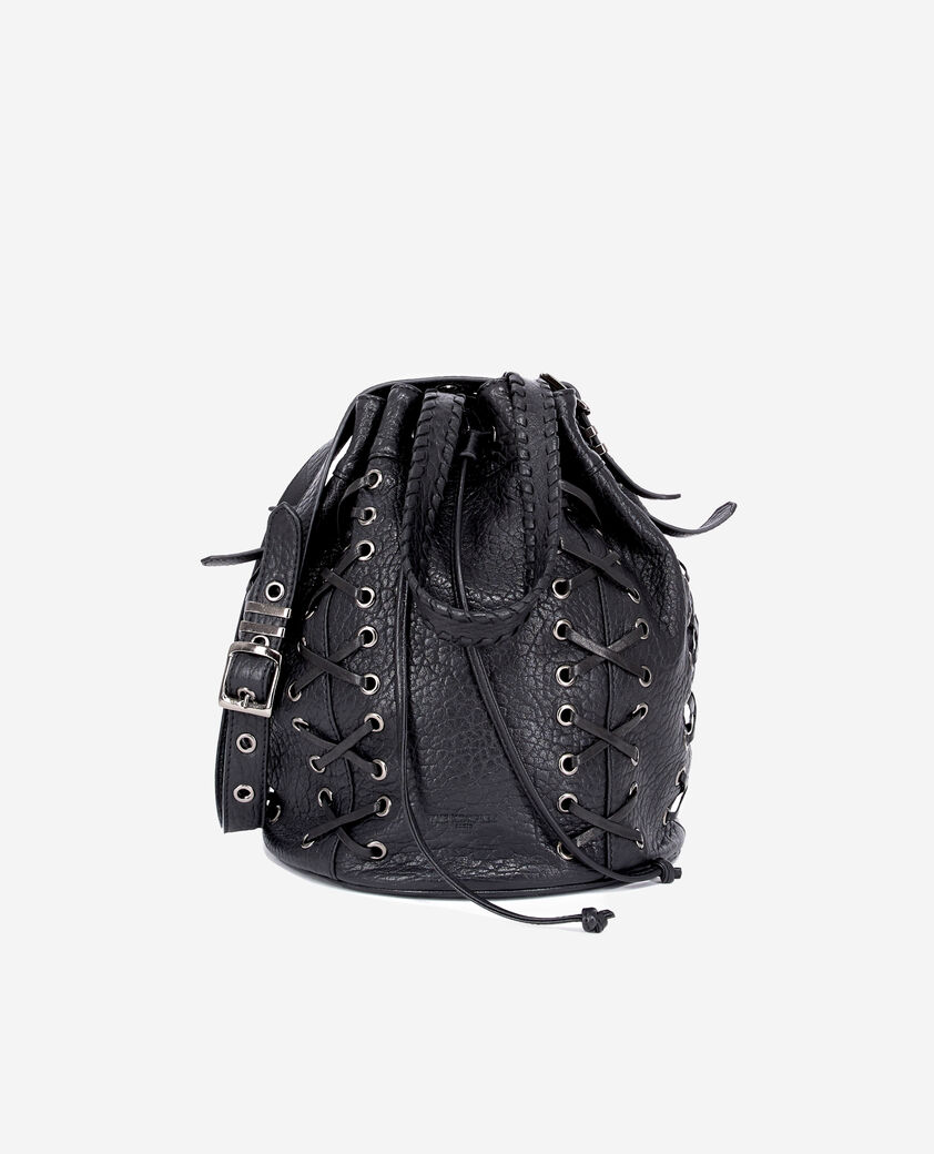 The Kooples WOMEN BLACK heritage black leather bucket bag with lacing
