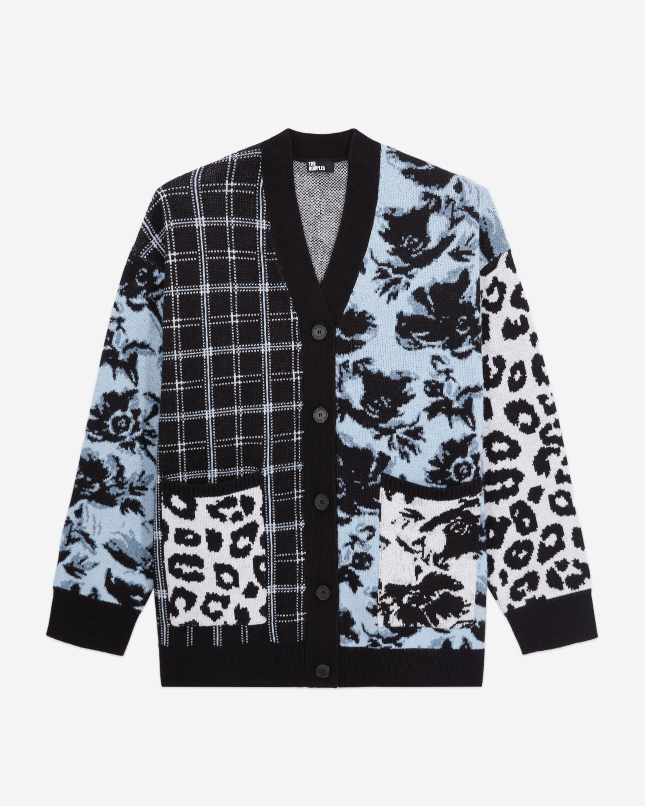 The Kooples FEMME BLUE MELANGE / BLACK cardigan avec patchwork en laine mélangée