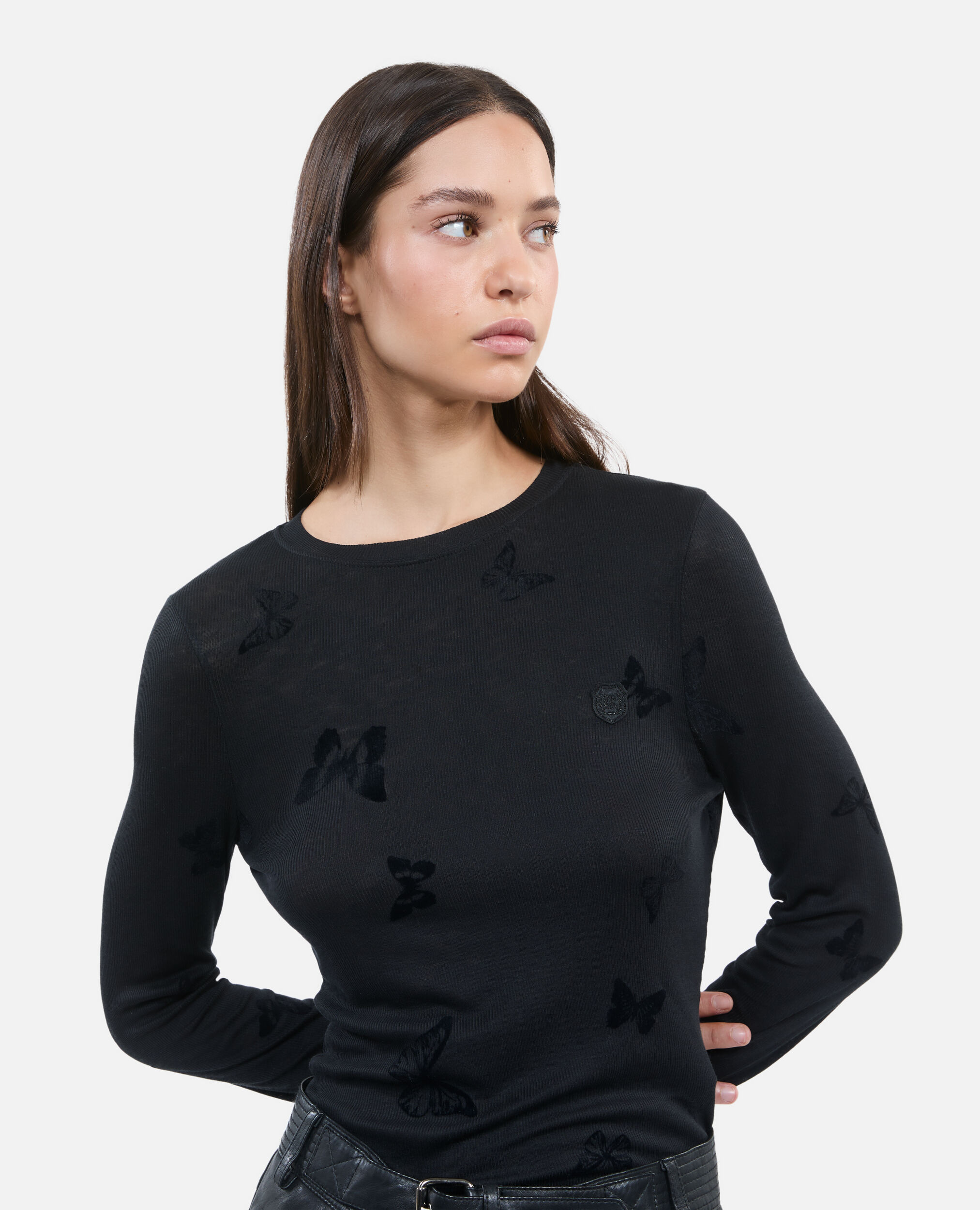 Black long-sleeved t-shirt, BLACK, hi-res image number null
