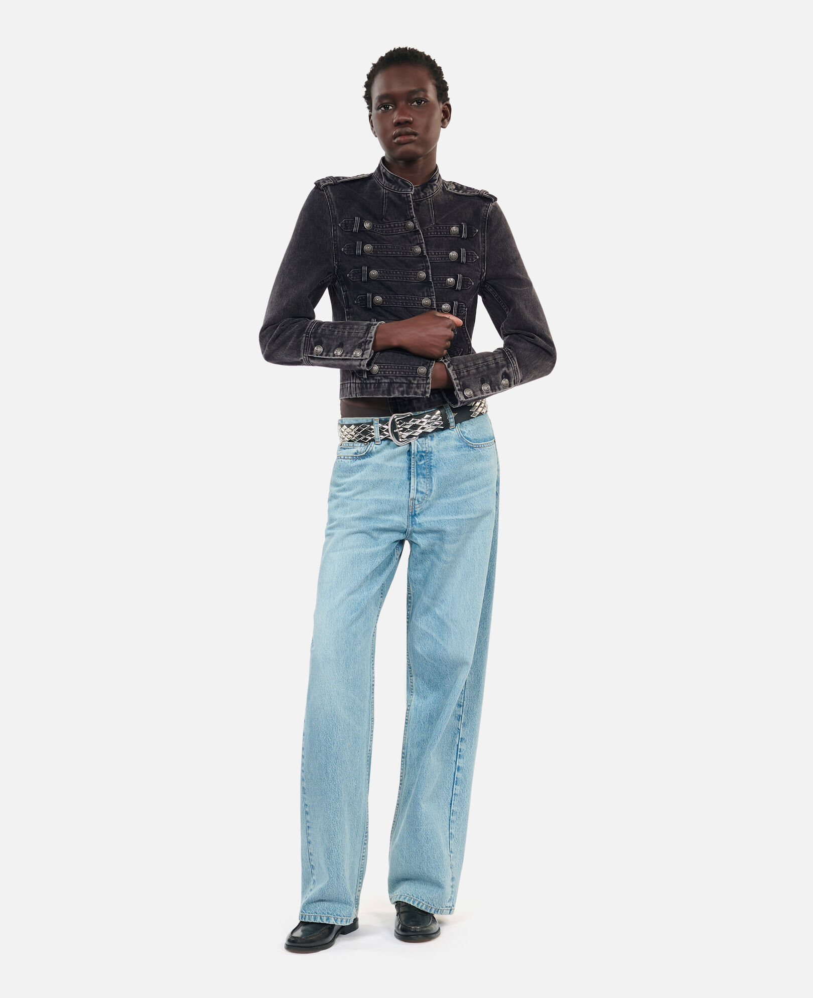 The Kooples WOMEN BLACK WASHED grey denim officer style jacket