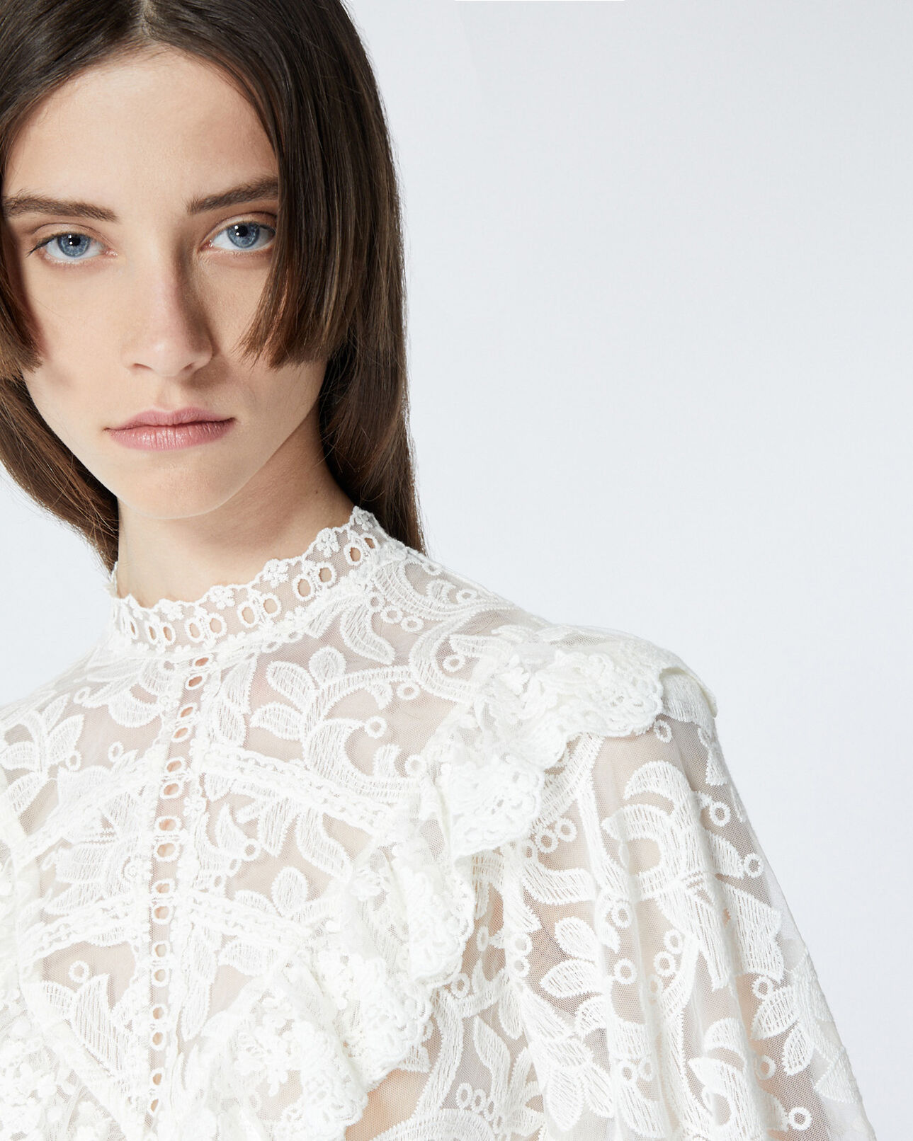 The Kooples DAMEN ECRU ecrufarbenes spitzentop mit plastron-detail
