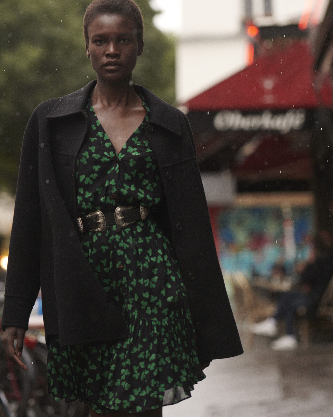 The Kooples WOMEN BLACK / GREEN short black dress with green pattern and belt