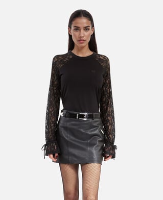 The Kooples FEMME BLACK WASHED t-shirt manches longues en dentelle noir