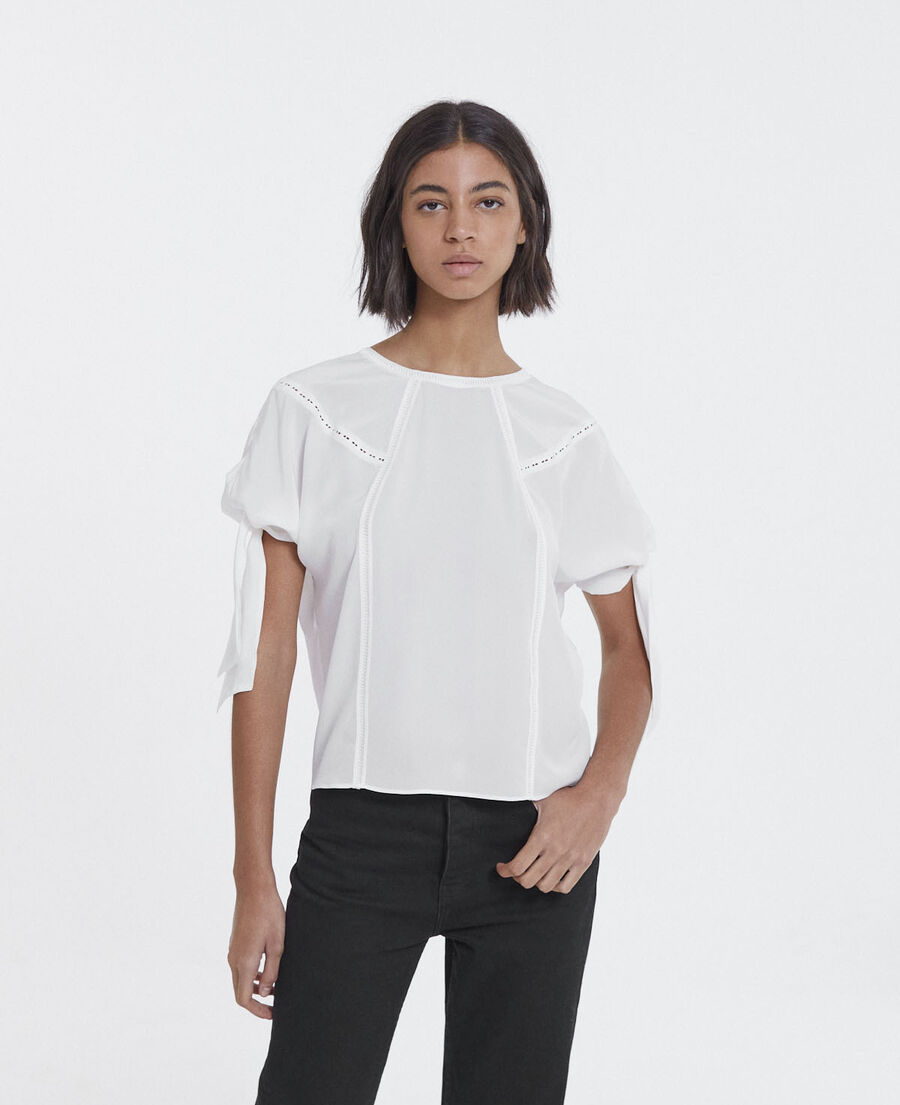 white silk top with three-quarter length sleeves