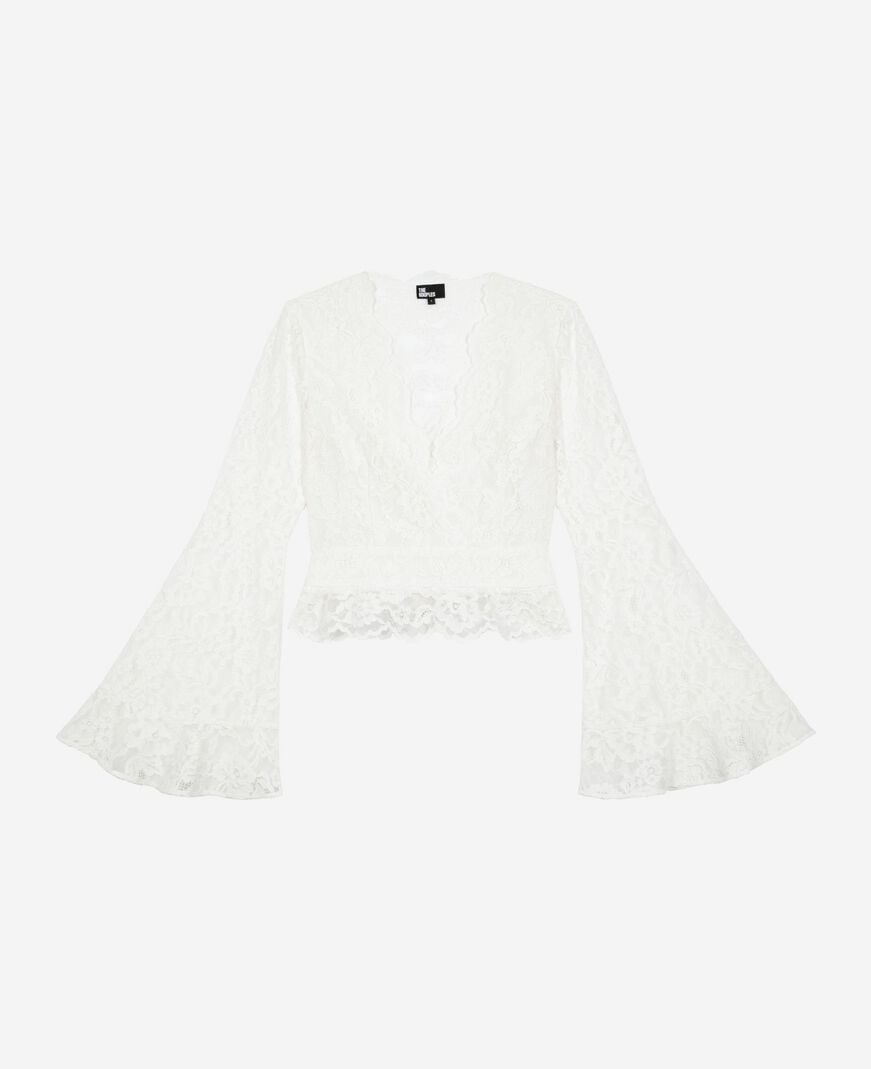 The Kooples WOMEN ECRU white lace flared sleeve top