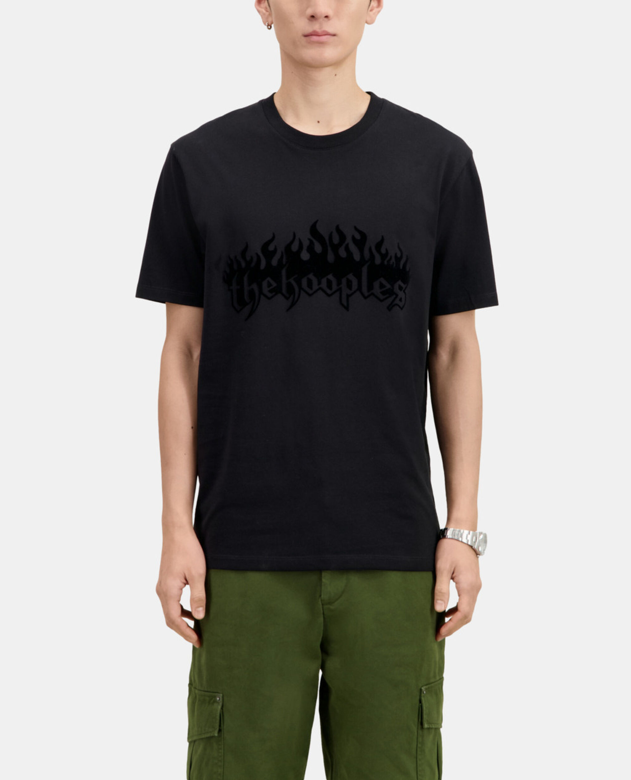 Men's black t-shirt with kooples on fire velvet flocking, BLACK, hi-res image number null