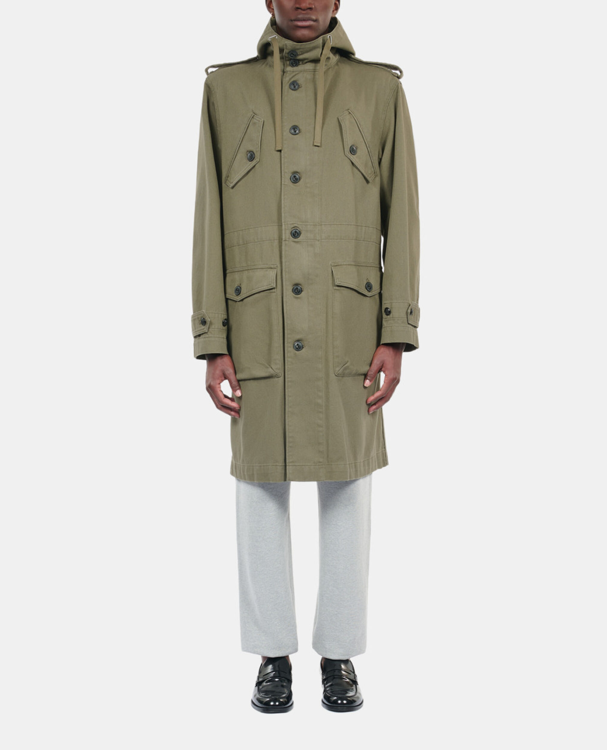 Long khaki hooded parka, OLIVE NIGHT, hi-res image number null