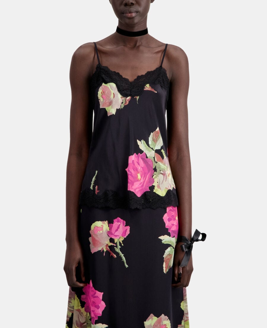 The Kooples WOMEN PINK BLACK printed silk camisole with lace