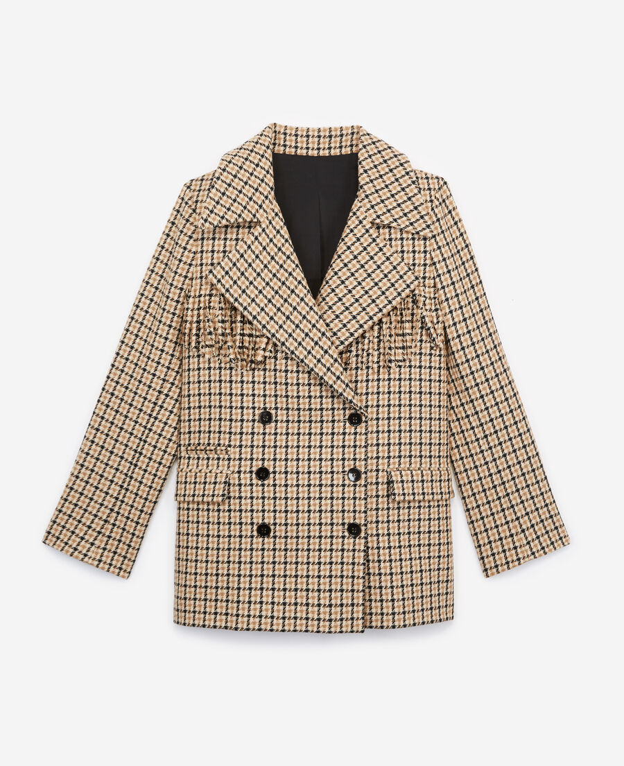 chaqueta elegante lana con motivos y flecos